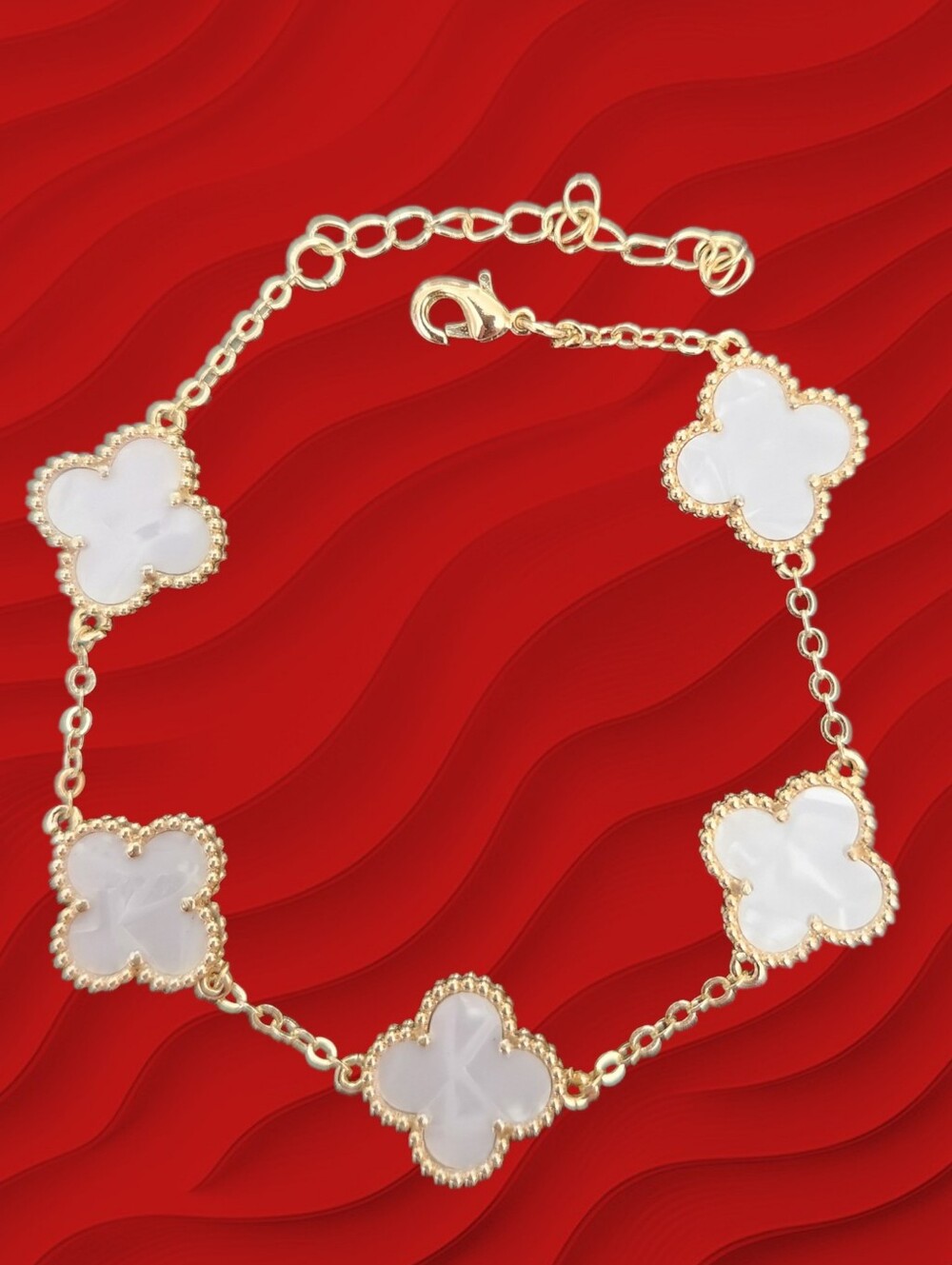 BRACELET -  Mother of Pearl 5 Clover Link Bracelet With Extender - Picture 2 of 3